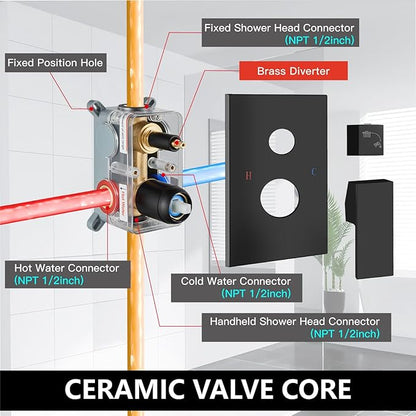 Midanya Shower Faucet Set,Wall Mount Shower System with Square Rain Shower Head and Hand Sprayer, Rough-in Valve Body and Trim Kit Included,10 Inch,Matte Black