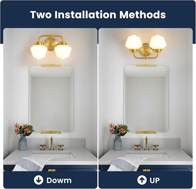 Bathroom Vanity Light Fixtures: 2-Lights Gold Bathroom Lighting Fixtures Over Mirror, Mid-Century Modern Wall Sconces with Frosted Milky Glass for Kitchen Bedroom Hallway