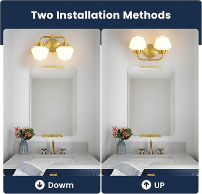 Bathroom Vanity Light Fixtures: 2-Lights Gold Bathroom Lighting Fixtures Over Mirror, Mid-Century Modern Wall Sconces with Frosted Milky Glass for Kitchen Bedroom Hallway