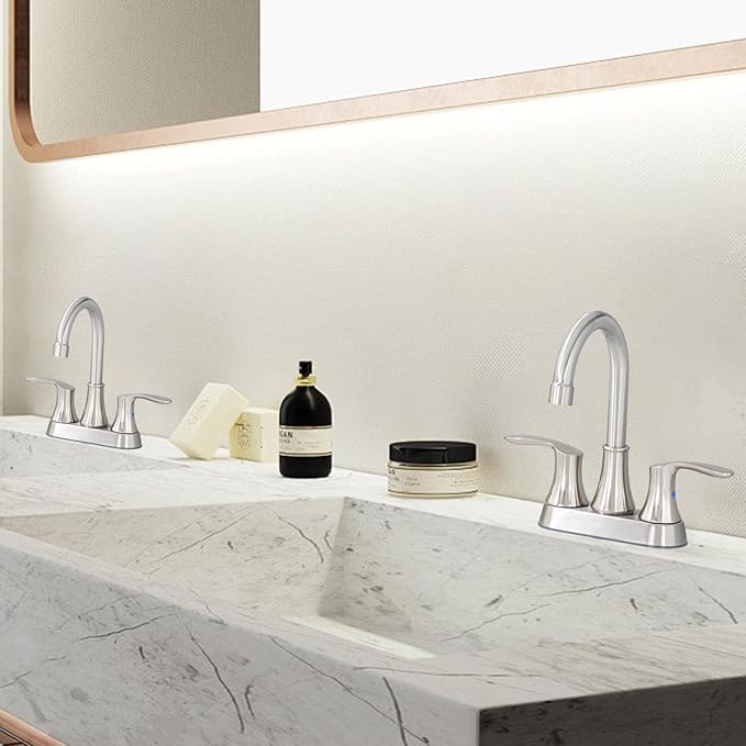 Friho 4 Inch Centerset Bathroom Faucet, Brushed Nickel Bathroom Faucets for Sink 3 Hole, Lead-Free 2 Handle Stainless Steel RV Bath Vanity Faucet with Pop-up Drain and Supply Lines