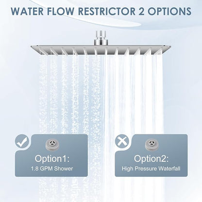 12 inch Ceiling Rain Shower Head Chrome Polished - All Metal 304 Stainless Steel, Full Body Rainrfall Shower with 144 Silicone Nozzles, Large Square Showerheads Modern Bathroom
