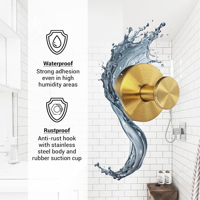 Suction Cup Hooks for Shower - 4 Pack, Gold - Stainless Steel, Strong Suction, No Drill, Removable Hanger, Tile Bathroom Kitchen Wall, Glass Door, Mirror Hook Hanging Robe, Towel Holder