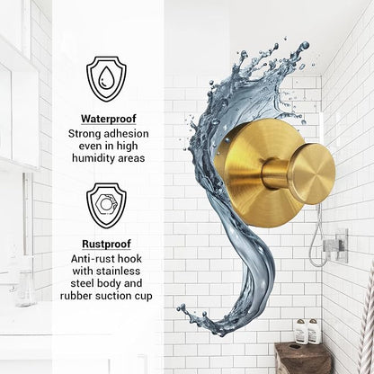 Suction Cup Hooks for Shower - 2 Pack, Gold - Stainless Steel, Strong Suction, No Drill, Removable Hanger, Tile Bathroom Kitchen Wall, Glass Door, Mirror Hook Hanging Robe, Towel Holder
