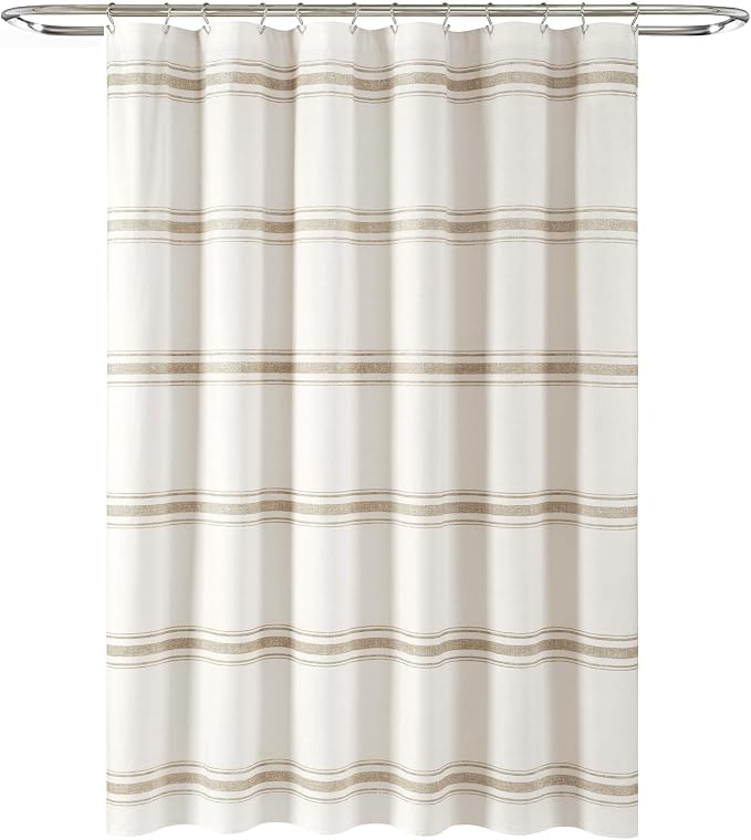Lush Decor Farmhouse Stripe Cotton Shower Curtain, 72" W x 72" L, Neutral - Striped Bathroom Curtain - Fabric Shower Curtains - Farmhouse Bathroom Decor