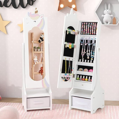 CHARMAID Kids Mirror Jewelry Cabinet - 45.5'' Full Length Mirror with Jewelry Storage, Standing Jewelry Armoire with Drawers, Kids Jewelry Organizer Box Vanity Dressing Mirror for Girls (White)