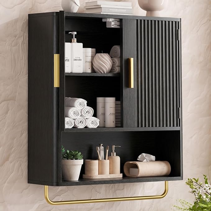 Bathroom Wall Cabinet, Medicine Cabinet with Fluted Door & Adjustable Shelf | Over The Toilet Storage Cabinet with Towel Bar, Space-Saving Cabinet Wall Mount for Laundry Room, Kitchen, Living Room