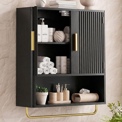 Bathroom Wall Cabinet, Medicine Cabinet with Fluted Door & Adjustable Shelf | Over The Toilet Storage Cabinet with Towel Bar, Space-Saving Cabinet Wall Mount for Laundry Room, Kitchen, Living Room