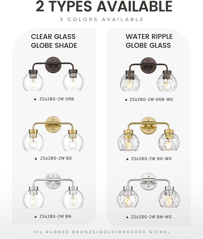 zeyu 16-Inch 2-Light Bathroom Lighting Over Mirror Fixture, ZS62BG-2W BN-WG | Compact Nickel Bathroom Light, 16-Inch 2-Light Design, Water Ripple Globe Glass, Hardwired, Up/Down Mount, ETL Listed