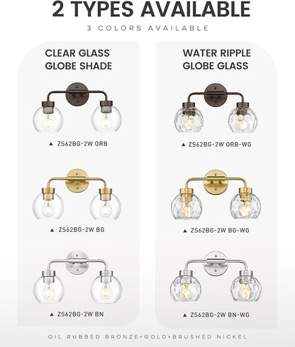 zeyu 16-Inch 2-Light Bathroom Lighting Over Mirror Fixture, ZS62BG-2W BN-WG | Compact Nickel Bathroom Light, 16-Inch 2-Light Design, Water Ripple Globe Glass, Hardwired, Up/Down Mount, ETL Listed
