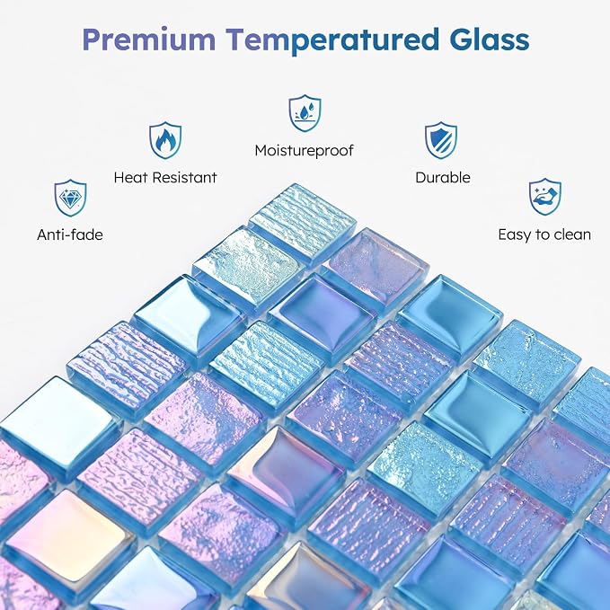 Pool Glass Mosaic Tiles, Iridescent Blue, 1 Inch Sqaure, 5 Sheets | Glass Tile for Swimming Pool, Kitchen Backsplash, Shower, Bathroom Wall, Waterline, Fountain