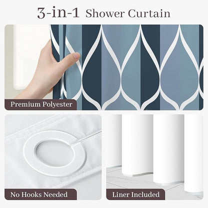 Gelbchu Aegean Blue No Hook Shower Curtain with Snap-in Liner, 71 x 77 Inch | Built-In Hooks, Mesh Top Window, Water-Repellent, Machine Washable, Quick Drying, Premium Polyester, Hotel Style, Modern