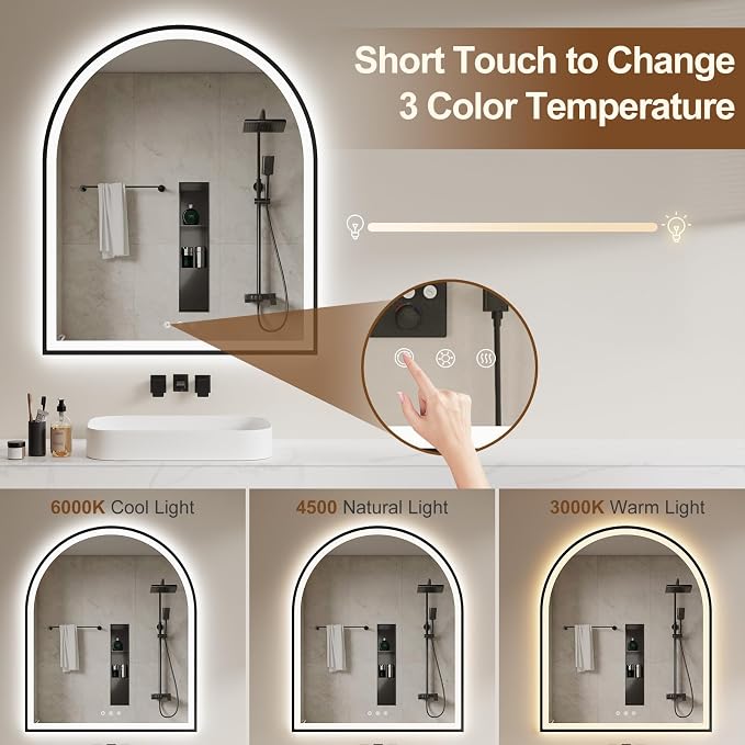 30"x36" Arched LED Lighted Bathroom Mirror with Lights | Black Aluminum Frame, Fogless, Dimmable, Shatterproof, Touch Sensor, 3 Color Changing