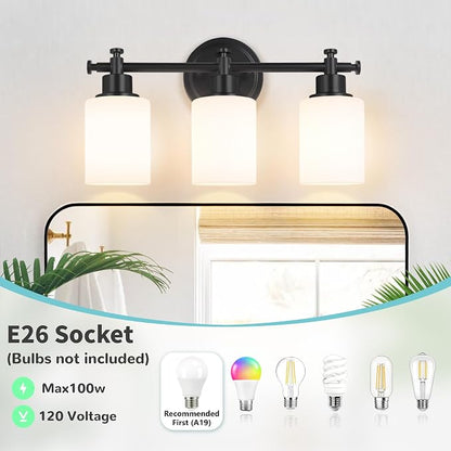 3 Light Black Bathroom Light Fixture, Modern Vanity Lights Over Mirror | Bathroom Wall Sconce with White Glass Shade, Modern Anti-Rust Vanity Light Fixture, Hardwired, E26(Bulbs Not Included)