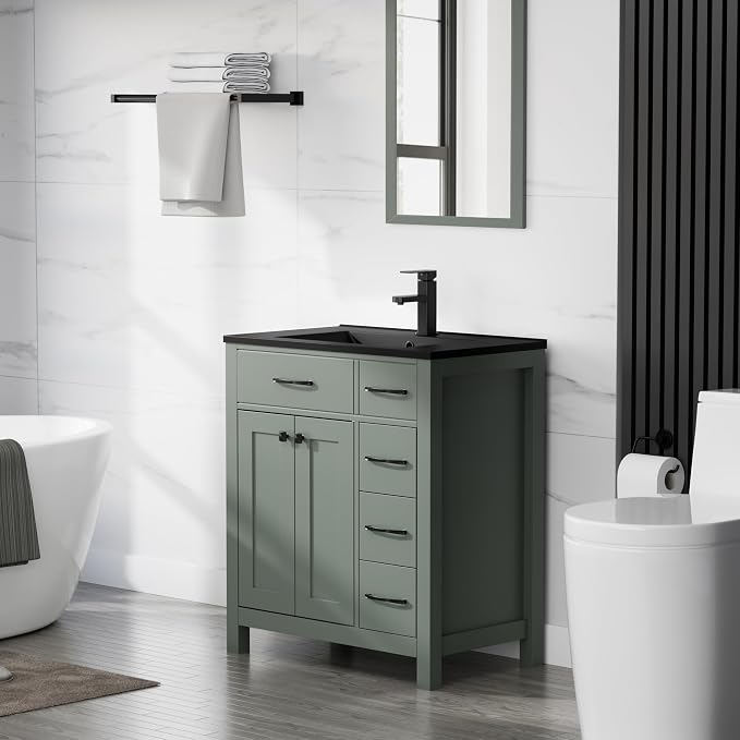 LUCKWIND 30" Modern Bathroom Vanity with Sink Combo, Contemporary Painted Storage Cabinet and Single Black Sink, Include Soft-Closing Doors & Matte Black Faucet, Black