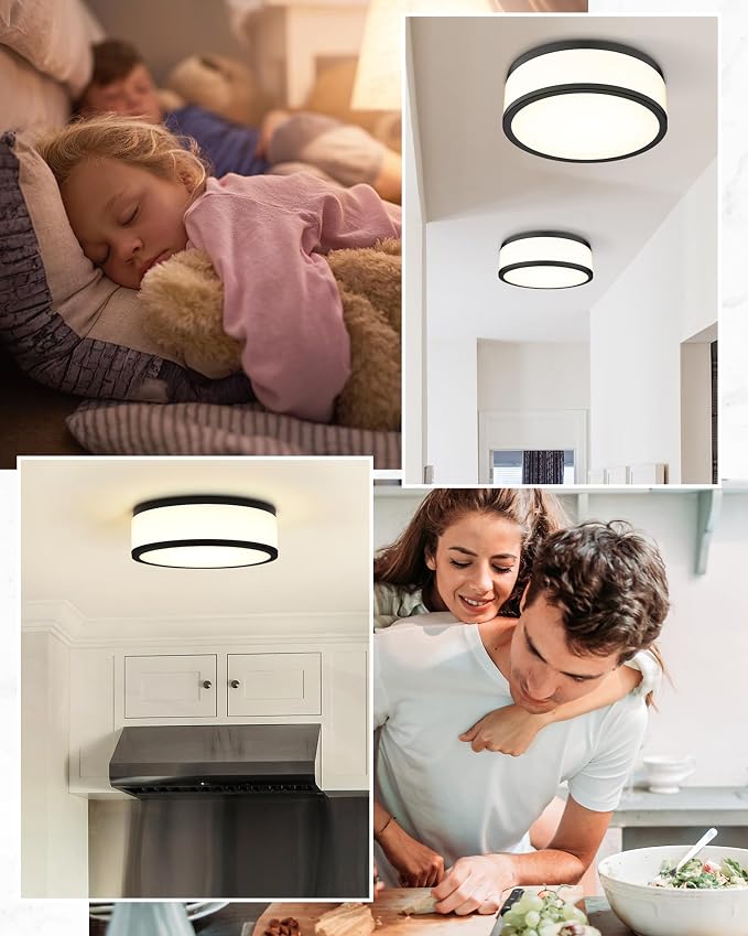 LED Flush Mount Ceiling Light, 15 inch, 24W Dimmable 3000K 4000K 5000K Matte Black Modern Round Ceiling Light Fixture for Kitchen, Hallway, Bathroom, Stairwell, LMS-054