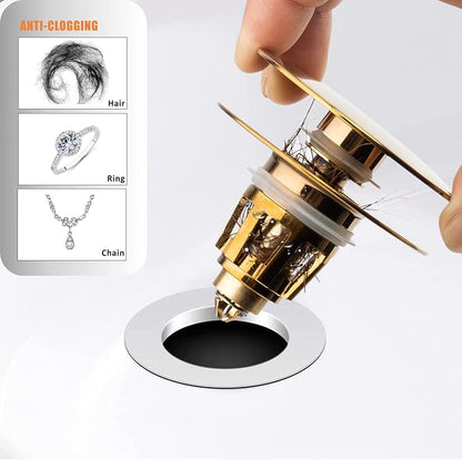 Universal Bathroom Sink Drain Stopper, Fits Most Pop-Up Drains for Vessel Sink Lavatory Vanity, Sink Drain Strainer with Detachable Hair Catcher, Tested by Plumber in US (Polished Brass)