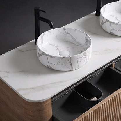 72" Preassembled Double Floating Bathroom Vanity with Carrara Sink, Oak | Mid-Century Modern Style, Fluted & Soft-Close Drawer with U-shaped Wall, Sinterted Stone Countertop, Towel Rack Included