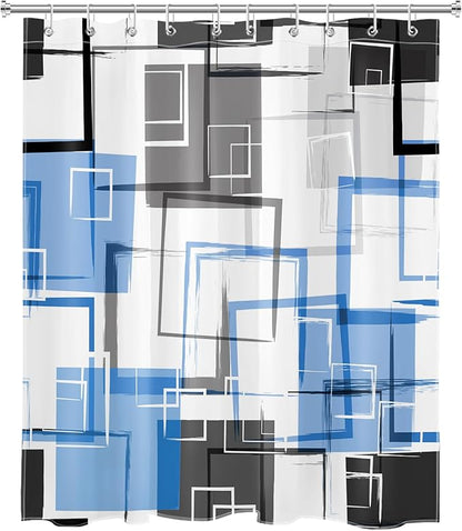 Blue Geometric Abstract Shower Curtain with Hooks Blue and Gray Neutral Design Geometric Fabric Shower Curtain Grey Fashion Mid Century Modern Bathroom Curtains Shower Set, 72Lx60W inches