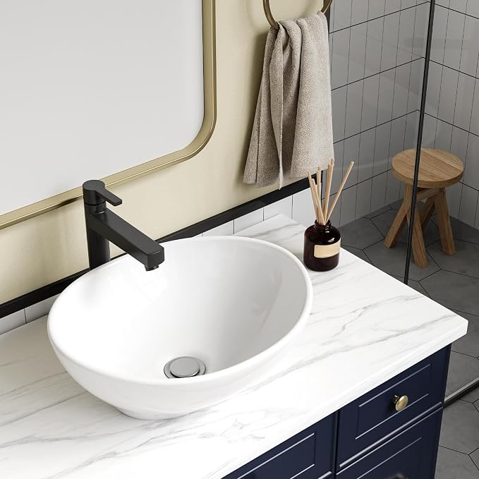 Vessel Sink 15.75x13 Inch, Oval Ceramic Bathroom Vessel Sink, Drop-In Above Counter Vanity Sink for Bathroom, White Wash Basin Bowl
