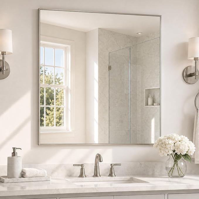 36"x36" Brushed Nickel Framed Square Bathroom Vanity Wall Mirror | Accent Wall Mirror, Square Geometric Look, Slim Metal Frame, Living Room or Entryway, Keyhole Mount, Tempered Glass