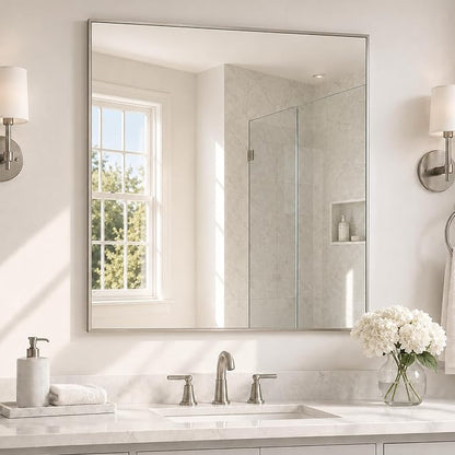 36"x36" Brushed Nickel Framed Square Bathroom Vanity Wall Mirror | Accent Wall Mirror, Square Geometric Look, Slim Metal Frame, Living Room or Entryway, Keyhole Mount, Tempered Glass