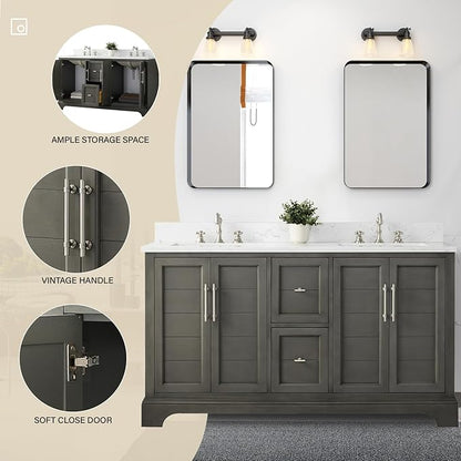 HOMEBEYOND 60 Inch Bathroom Vanity with Double Sink & Ceramic Top, Vanity Cabinet with Center Countertop Basin, Soft-Closing Doors, Backsplash,Sliver Grey