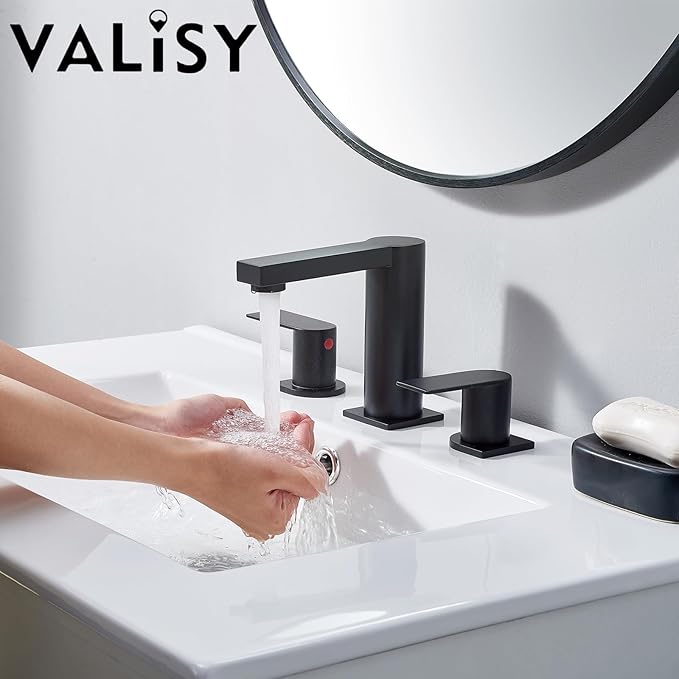 Bathroom Faucet Black 3 Hole, Matte Black Widespread Bathroom Faucet, 2-Handle 8-Inch Center Mount Bathroom Sink Faucet with Hose and Pop-Up Drain for RV Bath Vanity Lavatory, VAL079BRH
