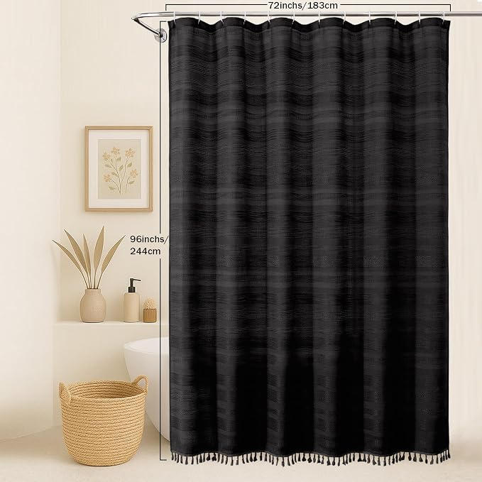 Extra Long Black Shower Curtain 96 Inch Long, Boho Linen Textured Soft Fabric Heavy Duty Cloth Bathroom Shower Curtain with Tassel, Tall Farmhouse Luxury Bath Decor, 72Wx96L Inches