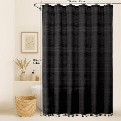 Extra Long Black Shower Curtain 96 Inch Long, Boho Linen Textured Soft Fabric Heavy Duty Cloth Bathroom Shower Curtain with Tassel, Tall Farmhouse Luxury Bath Decor, 72Wx96L Inches