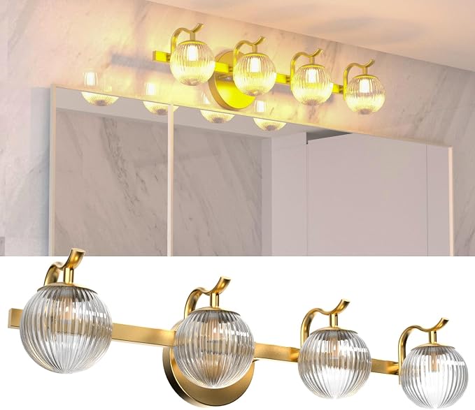 Lightdot Upgrade 4 Light Bathroom Vanity Light, 26" Modern Gold Vanity Lights with Waterproof Crystal Ribbed Lampshade, Rust-Proof Bathroom Light Fixtures Over Mirror for Kitchen Hallway Cabinet
