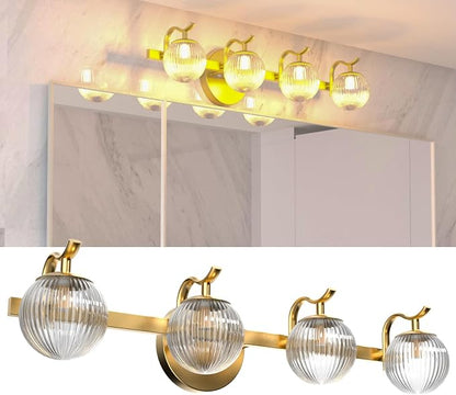 Lightdot Upgrade 4 Light Bathroom Vanity Light, 26" Modern Gold Vanity Lights with Waterproof Crystal Ribbed Lampshade, Rust-Proof Bathroom Light Fixtures Over Mirror for Kitchen Hallway Cabinet