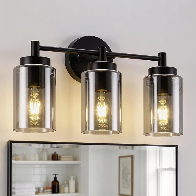 3 Light Bathroom Vanity Light Contemporary, Matte Black Sconce | 17.12", Electroplated Glass, Soft Glow, Bath Bar Fixture over Sink, Tool-Free E26 Bulb Swap, Up Down Wall Mount, No Bulbs