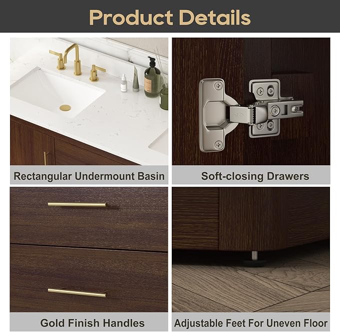 60"Bathroom Vanity with Double Sink,Ceramic Sink Vanity with Engineered Stone Countertop,Wood Frame Bathroom Storage Cabinet No Installation Required& Soft Closing Drawers, Light Walnut