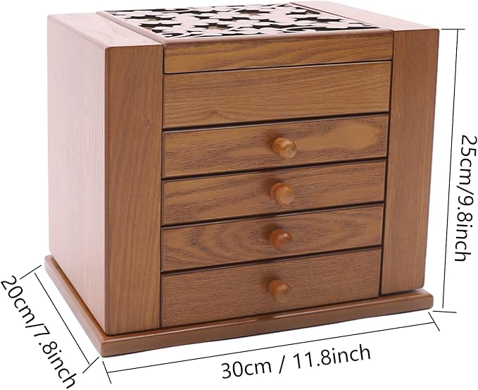 Extra Large Four-Leaf Carved 5 Layers Wooden Jewelry Box Jewelry Case Cabinet Armoire Ring Necklacel Gift Storage Box Organizer(5 Layers,Brown,Style 1)