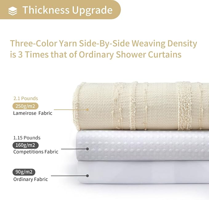 Beige Shower Curtain Boho, 72 x 72 Cotton Blend Waffle Weave Stripe Textured Heavy Duty, Fabric Shower Curtain for Bathroom, Hotel, Washable