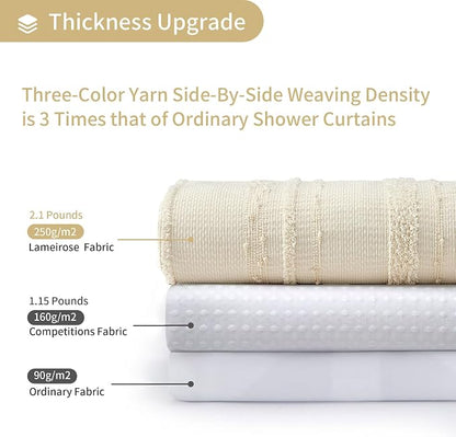Beige Shower Curtain Boho, 72 x 72 Cotton Blend Waffle Weave Stripe Textured Heavy Duty, Fabric Shower Curtain for Bathroom, Hotel, Washable