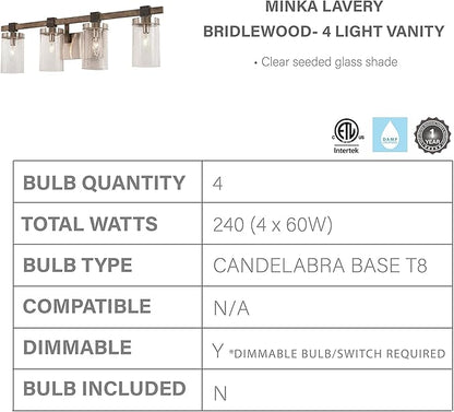 Minka Lavery 4634-106 Bridlewood Vanity Bath Light, 4-Light, 240 Total Watts, 31-in H x 8.75-in W, Stone Grey w/Brushed Nickel