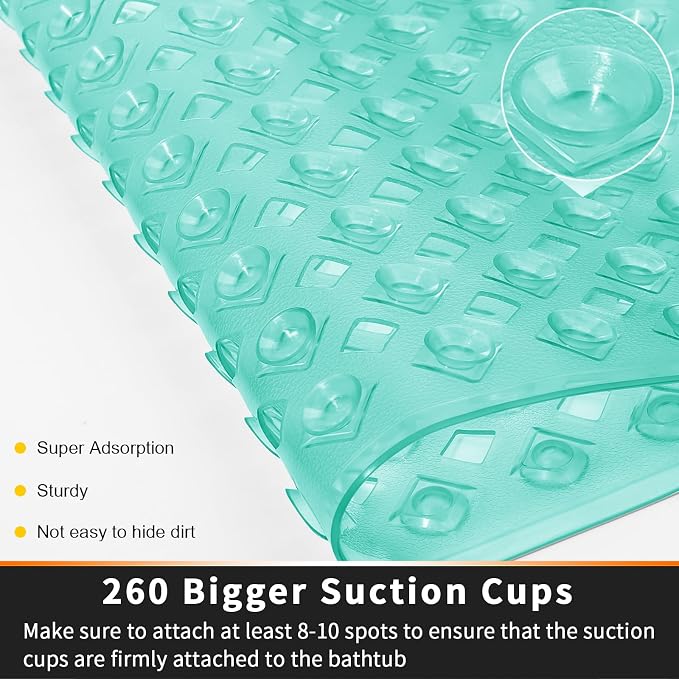 Yimobra Bathtub Mat Non Slip, Shower Mat with Strong Suction Cups & Drain Holes, 27.5"X15.5", Anti Slip Bath Tub Mat for Inside Shower, Machine Washable Fast Drying, Bathroom Essentials,Clear Green