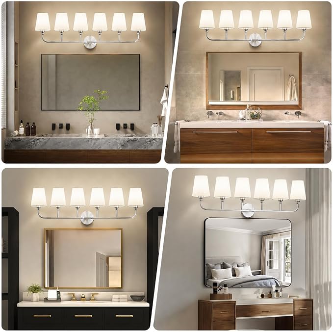 Bathroom Vanity Light Brushed Nickel Bathroom Lighting Fixtures Over Mirror | 6-Light Bathroom Light Fixtures with Flared White Fabric Shade, E26 Socket (ETL Listed)