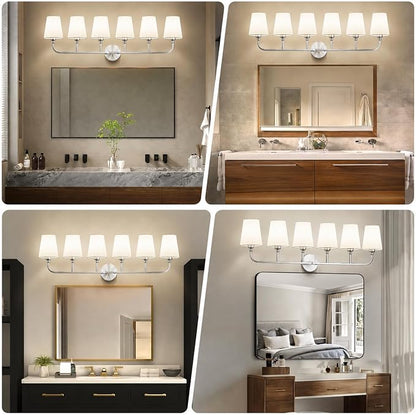 Bathroom Vanity Light Brushed Nickel Bathroom Lighting Fixtures Over Mirror | 6-Light Bathroom Light Fixtures with Flared White Fabric Shade, E26 Socket (ETL Listed)