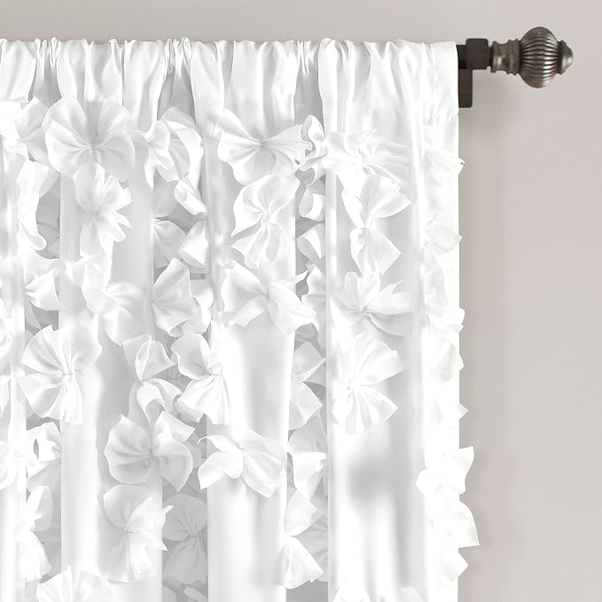 Lush Decor Riley Light Filtering Window Curtain Panel, Single 54" W x 63" L, White - Cute White Curtains for Bedroom - Bow Decor - Coquette Curtains for Windows (Pack of 4)