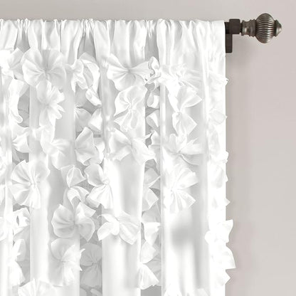 Lush Decor Riley Light Filtering Window Curtain Panel, Single 54" W x 63" L, White - Cute White Curtains for Bedroom - Bow Decor - Coquette Curtains for Windows (Pack of 4)