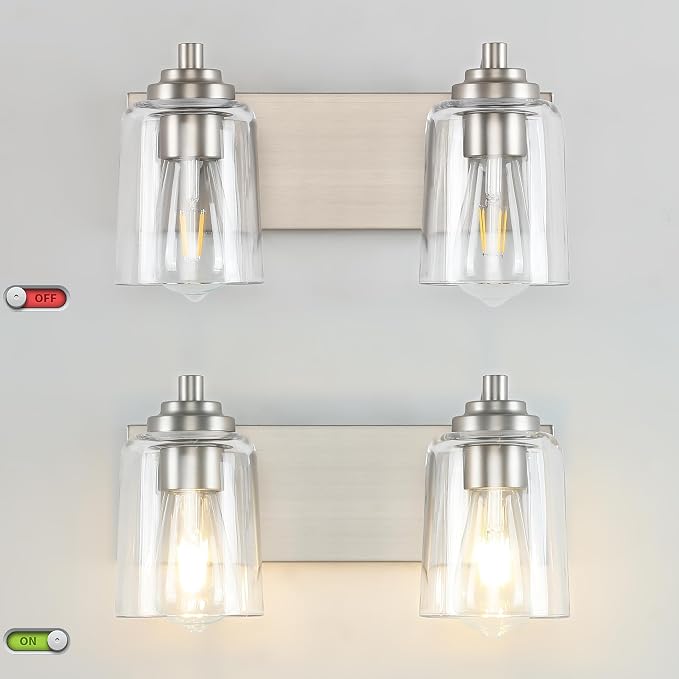 SOLFART Brushed Nickel Bathroom Light Fixture Vanity Lighting Fixtures Over Mirror 2 Light Bathroom Vanity Light Nickel Wall Light