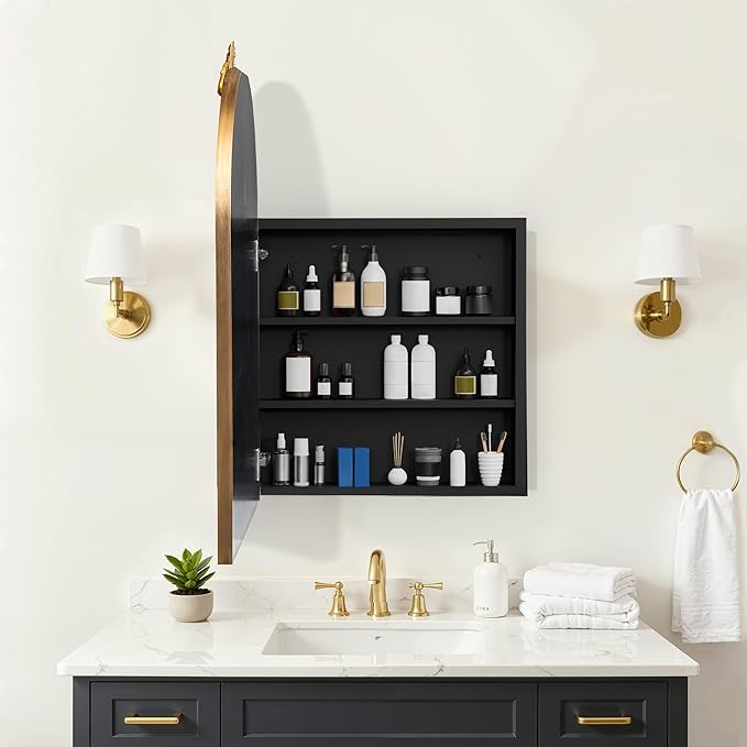 Casaphoria 36" H x 24" W Arched Bathroom Medicine Cabinet with Mirror, Metal Frame Wall Mirror Cabinet,Wall Medicine Cabinets Mirrors, Gold