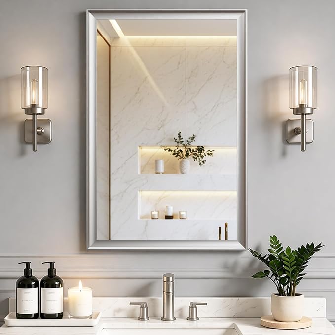 Brushed Nickel Bathroom Mirrors for Over Sink 24x36 Inch | Silver Rectangle Vanity Mirror, Wall Decor for Bedroom, Entryway, Living Room, Aluminum Framed, Curved Wide Edge, Anti-Rust