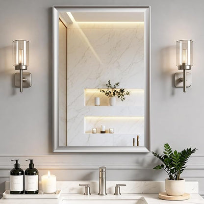 Brushed Nickel Bathroom Mirrors for Over Sink 24x36 Inch | Silver Rectangle Vanity Mirror, Wall Decor for Bedroom, Entryway, Living Room, Aluminum Framed, Curved Wide Edge, Anti-Rust