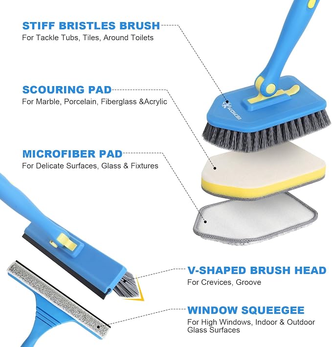 Tile Tub Scrubber Brush with 5 Different Function Cleaning Heads and 51" Extendable Long Handle Non Scratch Shower Scrubber for Cleaning Bathroom Kitchen Toilet Wall Bathtub