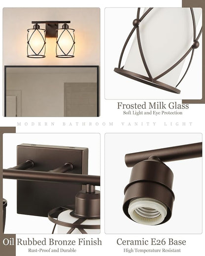 2-Light Oil Rubbed Bronze Bathroom Light Fixtures Over Mirror, 13.2" UL-Listed Modern Farmhouse Wall Sconce Lights with Milk White Frosted Glass and Metal Cage for Bath, E26, CH9176ORBW-2W