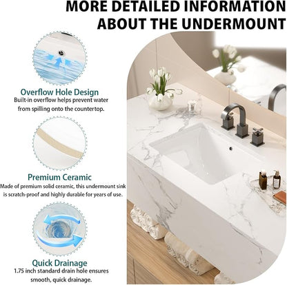 White Ceramic 18"x14" Undermount Bathroom Lavatory Sink | Rectangle under counter white bathroom vessel sink for bathroom with overflow