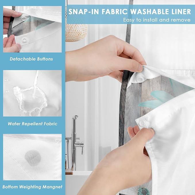 No Hook Shower Curtain with Snap in Liner 71x86 Inch Teal Daisy | Butterfly Farmhouse Rustic Modern Double Layers Waterproof Fabric with See Through Top Window Open Grommet Bath Curtain